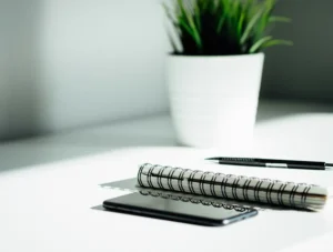 Notebook, pen and phone on a white desk beside a potted plant